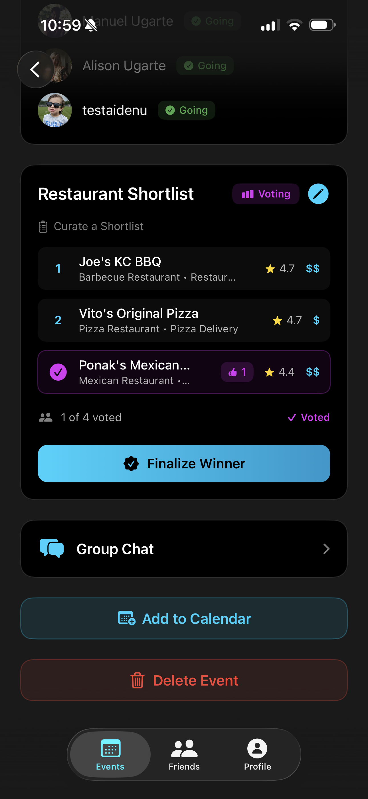 Restaurant shortlist and voting