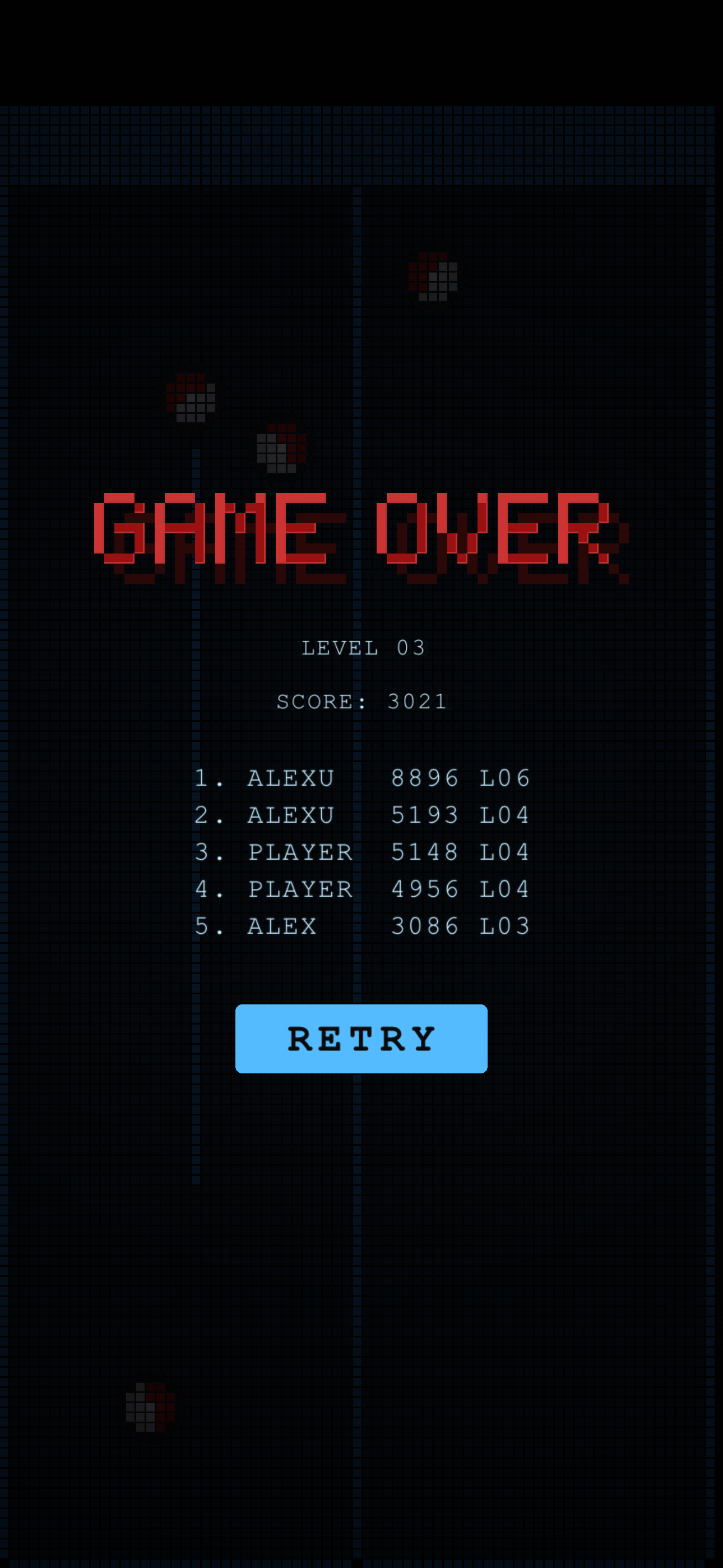 Game Over screen with high-score leaderboard