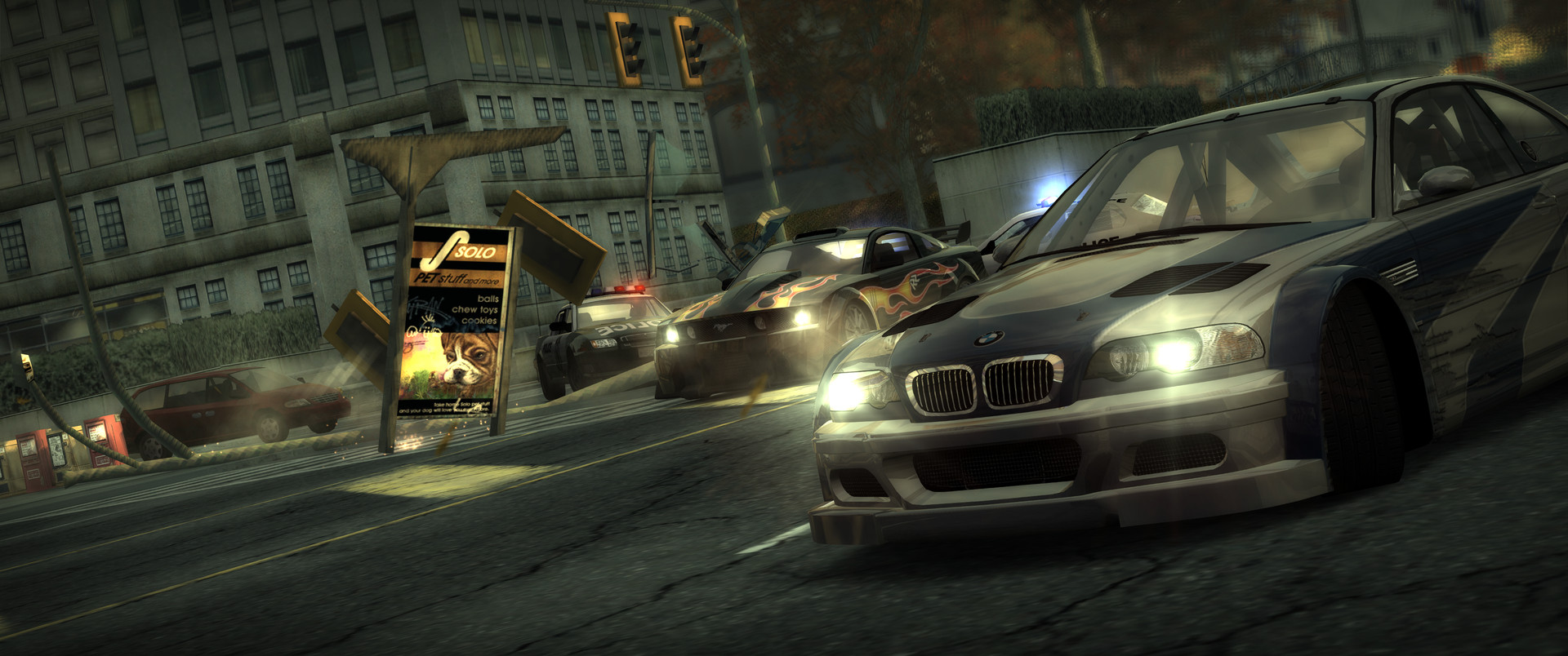 Cinematic, 21:9: a close-up of the front of a silver and blue sports car, with a police chase behind it