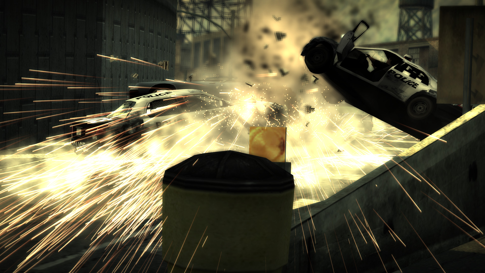 Pursuit, 4K: police cars crashing into a barrier in a shower of sparks
