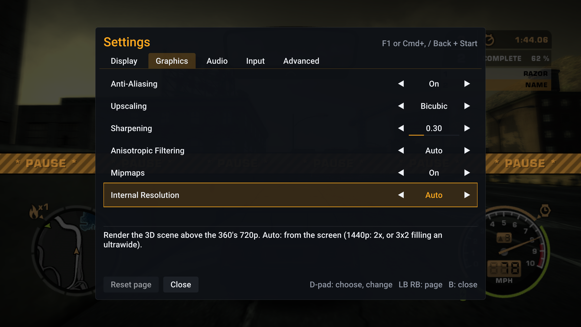 Settings, live: SpeedBreaker's settings menu over a paused race, on the Graphics page