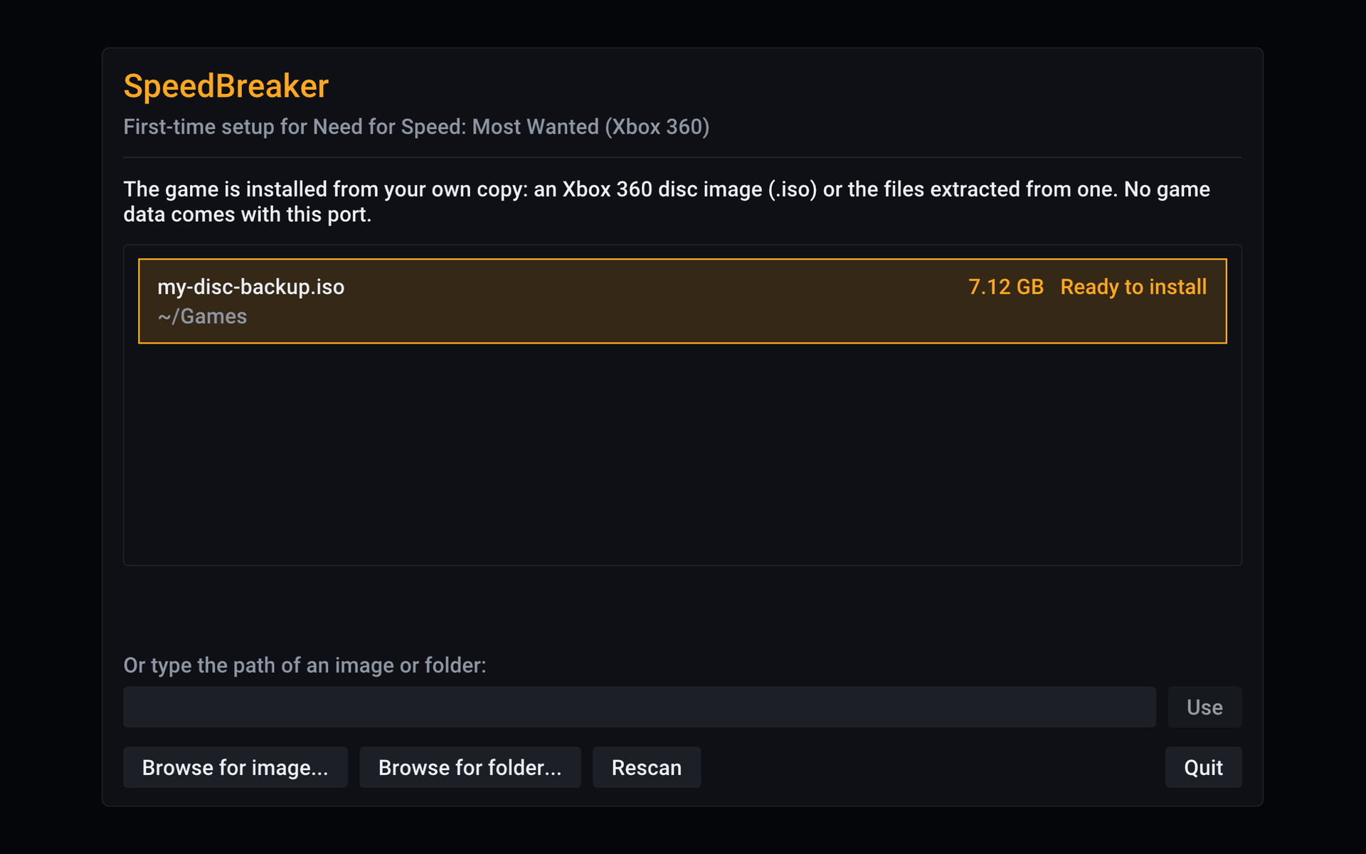 Installer: disc found. SpeedBreaker's first-run installer shows a disc image it found, ready to install