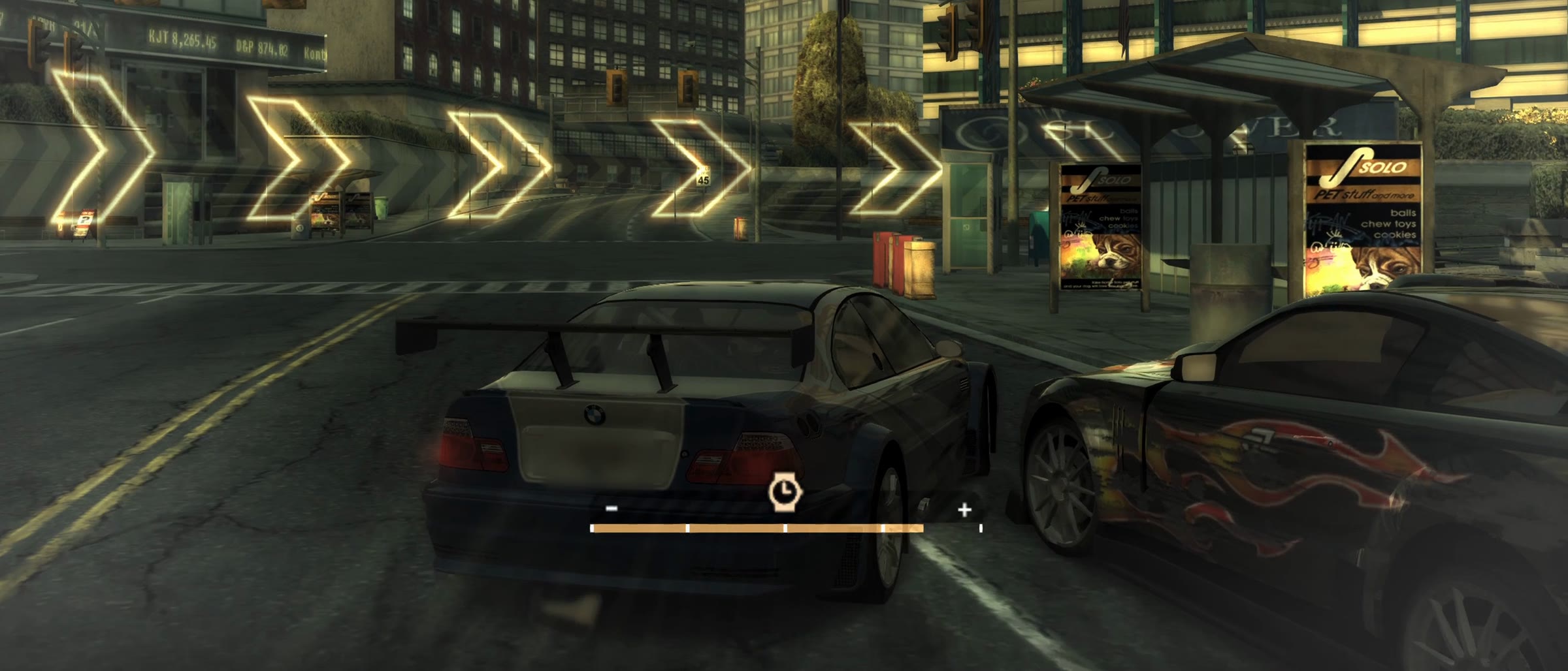 SpeedBreaker gameplay in the game's Speedbreaker slow motion: the player's black car racing down a city street past a row of glowing gold chevrons