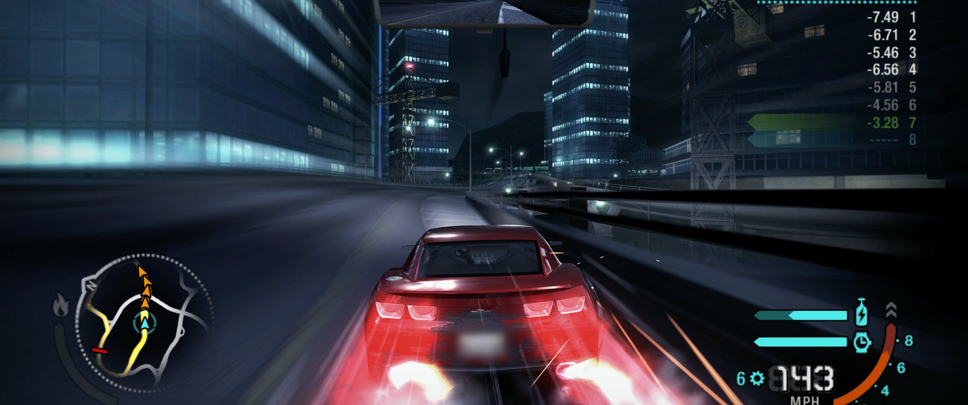 Nitrous at 143 mph downtown: long red light trails behind the player's car between the city's towers, with the race HUD