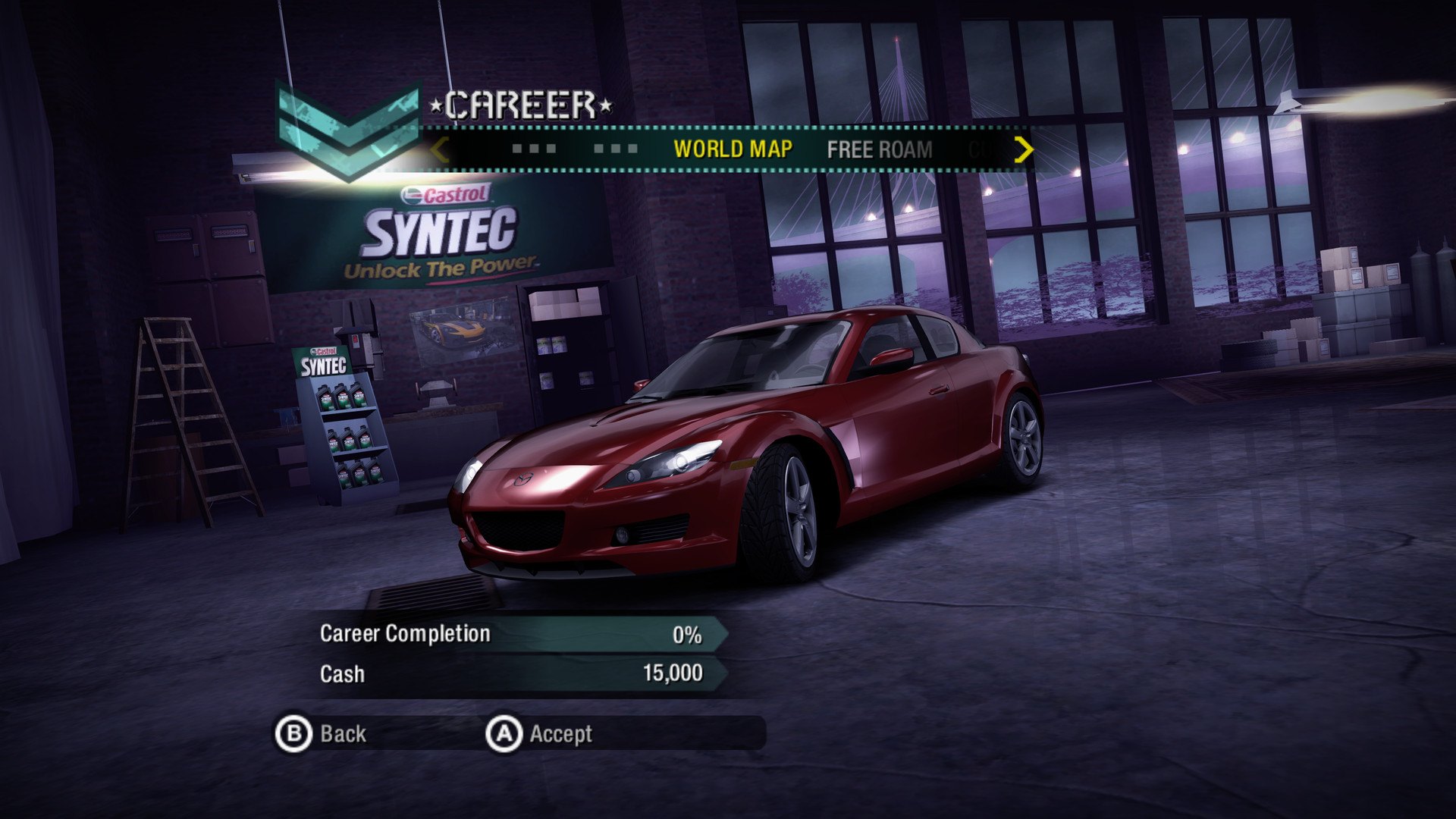 The career safehouse: a red RX-8 under the garage lights