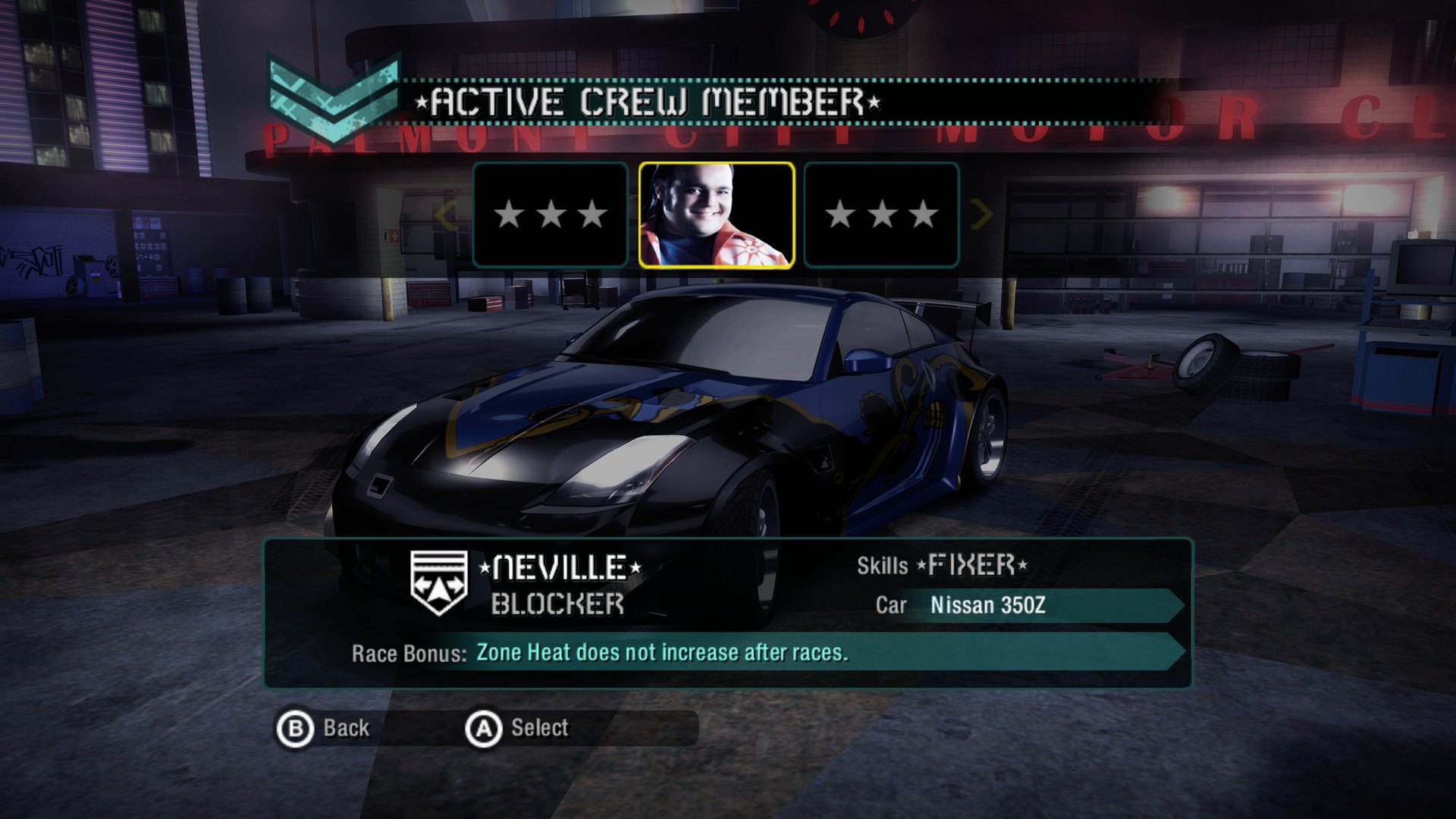 Picking a crew member before a race: Neville, the blocker, and his Nissan 350Z