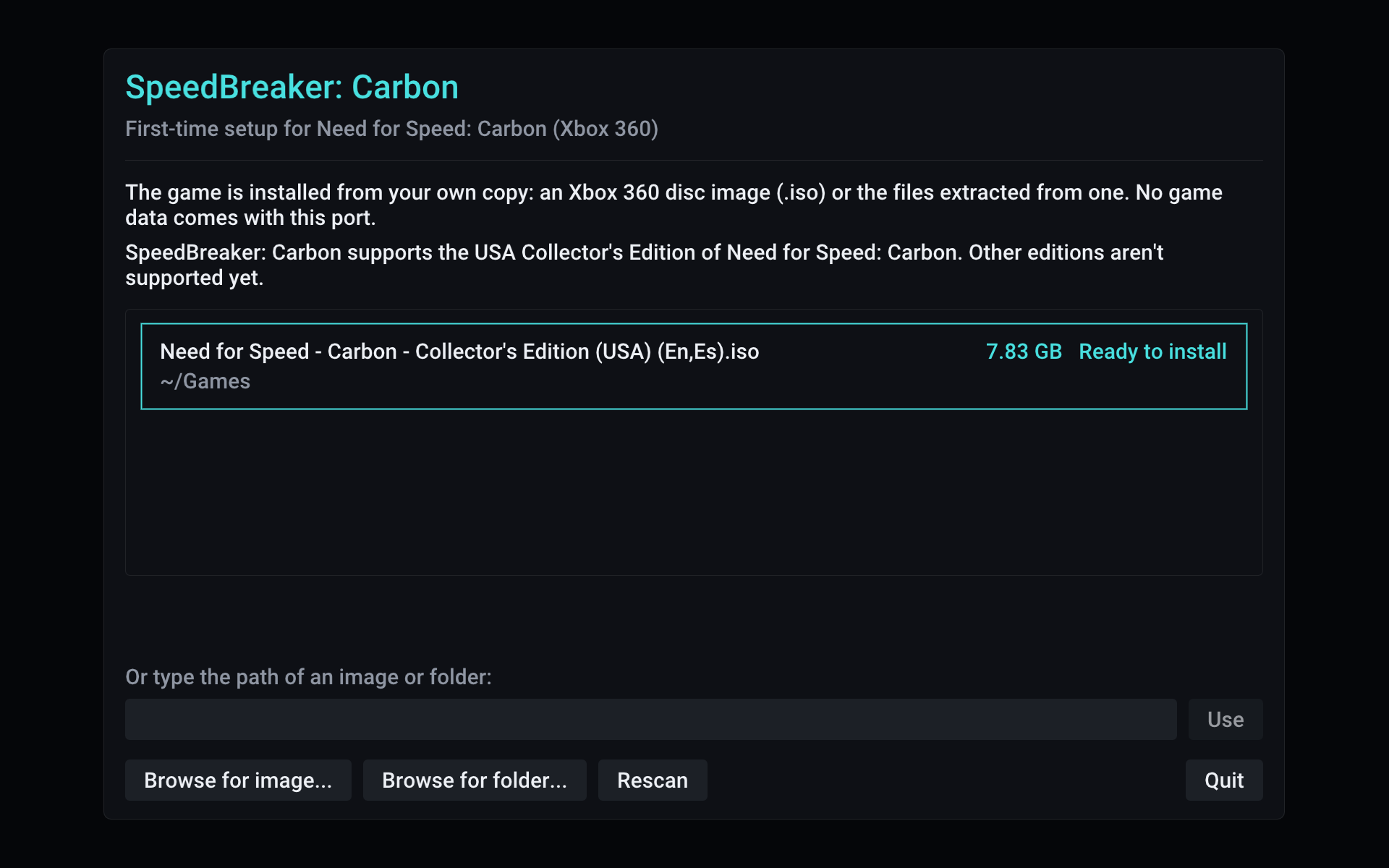 SpeedBreaker: Carbon's installer has found the player's disc image, ready to install