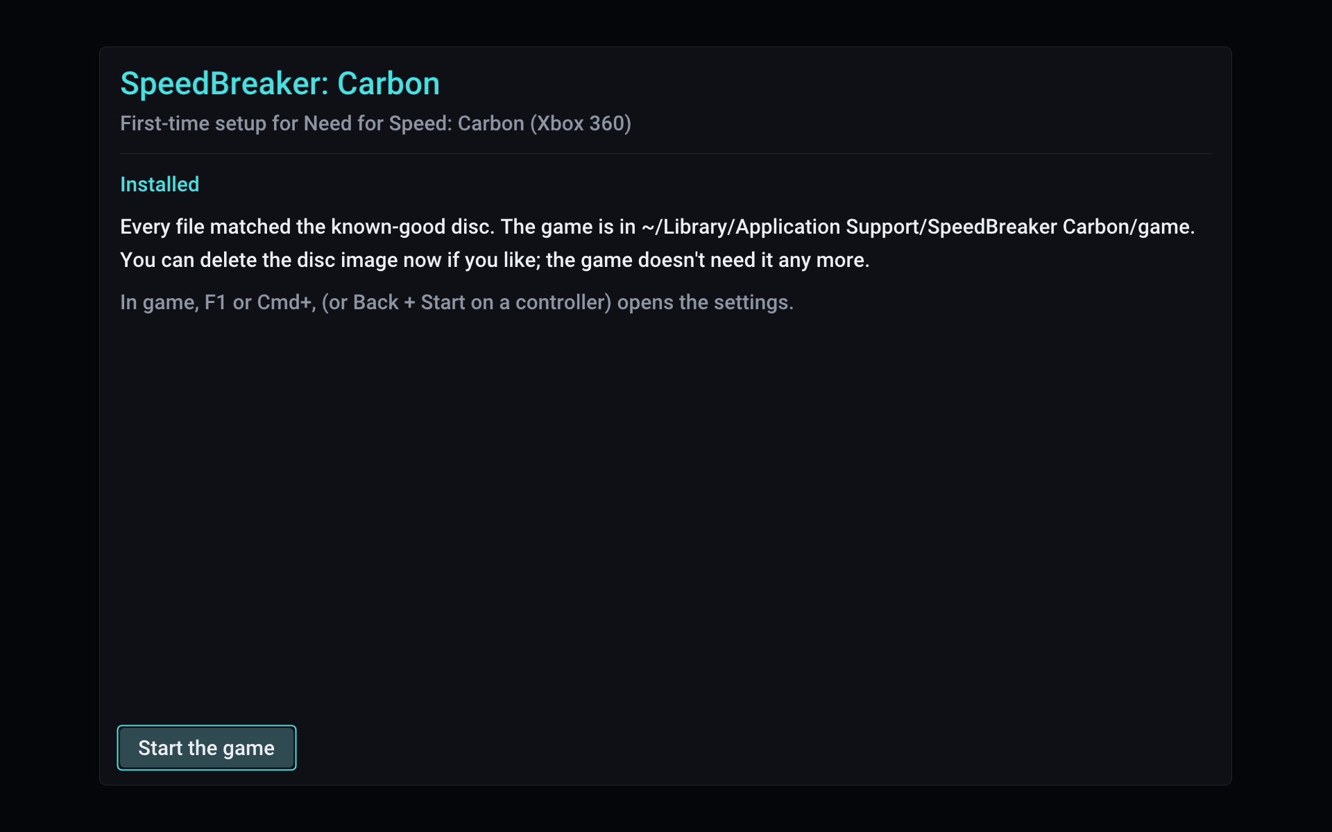 Every file checked: SpeedBreaker: Carbon's installer has finished, and every file matched the known-good disc